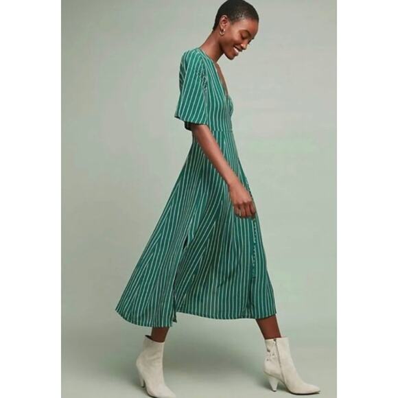NWT Faithfull the Brand Womens Rivers Wrap Green/White Striped Tie Midi Dress 2 - Picture 1 of 12